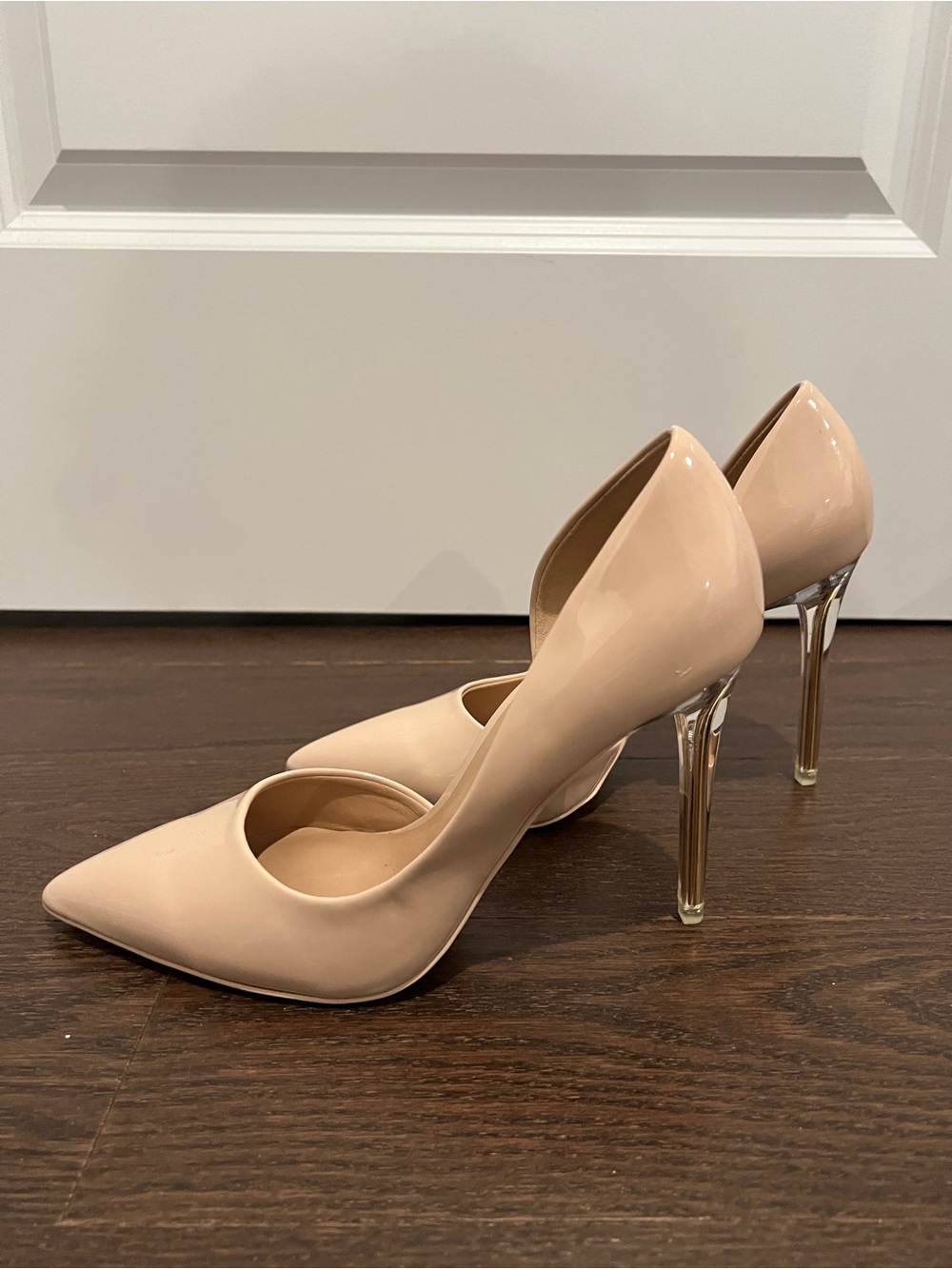 Call It Spring Nude Patent Pointed Stiletto Pumps with Clear Heel